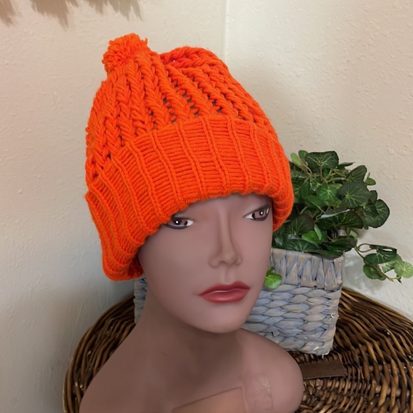 Two Handmade Cable Knit Hats/ Orange & Green - Picture 2 of 5